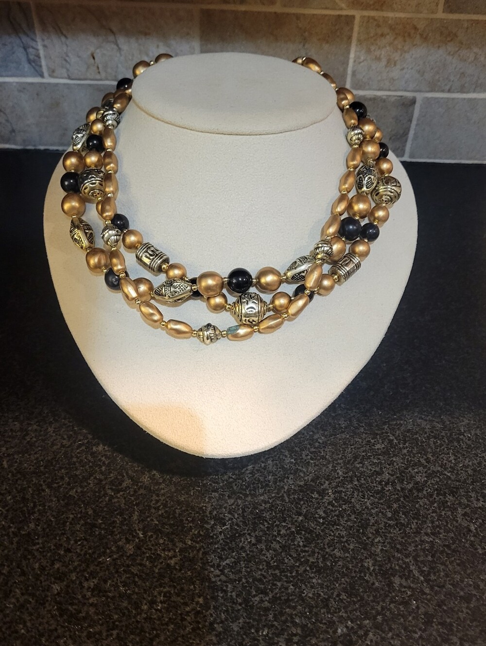 Vintage Triple Strand Necklace Chunky Beaded Gold Tone & Black Egyptian Vibe